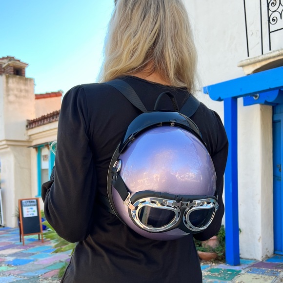 Purple Lavender Metallic Motorcycle Helmet Backpack Crossbody Shoulder Bag Purse - Picture 2 of 13